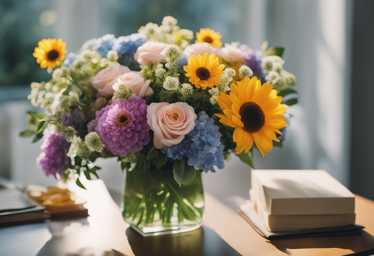 En buket farverige blomster arrangeret i en vase på et bord, med en håndskrevet besked vedlagt, omgivet af blødt, naturligt lys. En buket farverige blomster arrangeret i en vase på et bord, med en håndskrevet besked vedlagt, omgivet af blødt, naturligt lys.