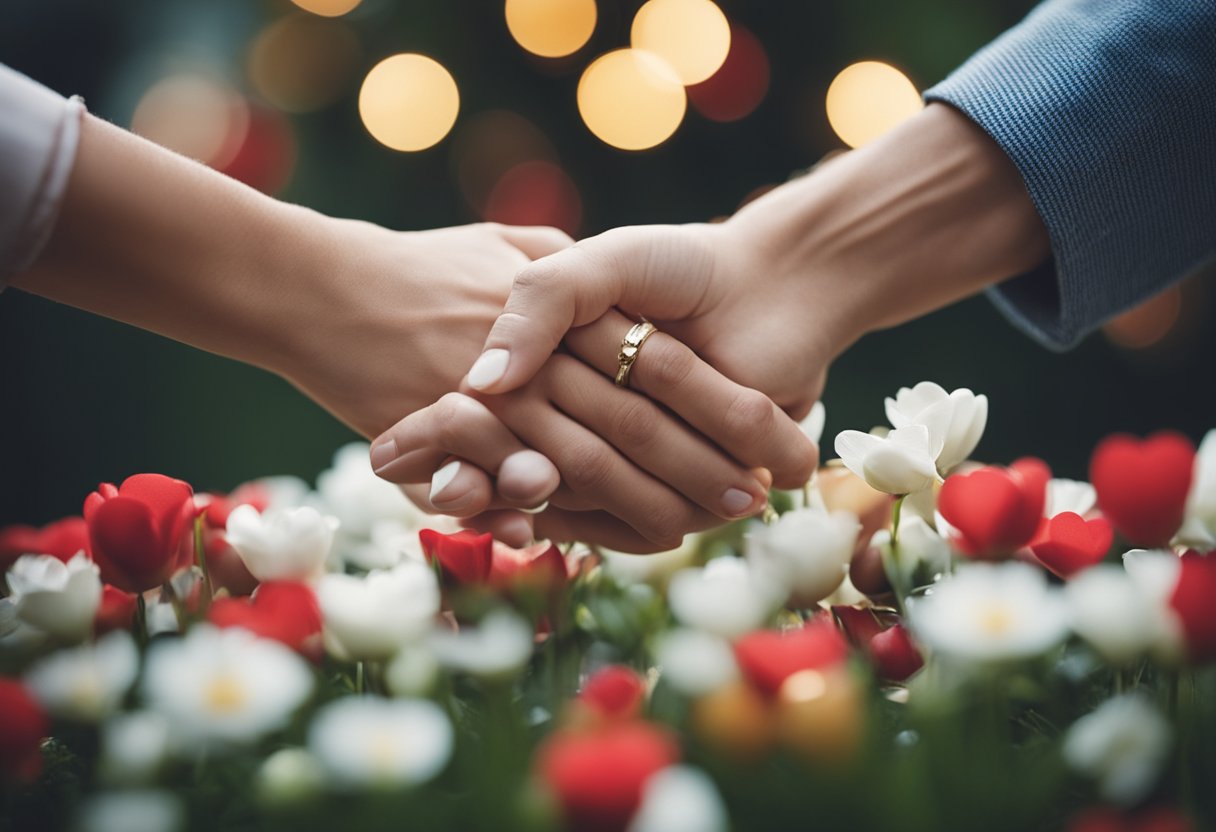 Et pars hænder, der udveksler blomster, omgivet af hjerter og kærlighedssymboler, repræsenterer en følelsesmæssig forbindelse.