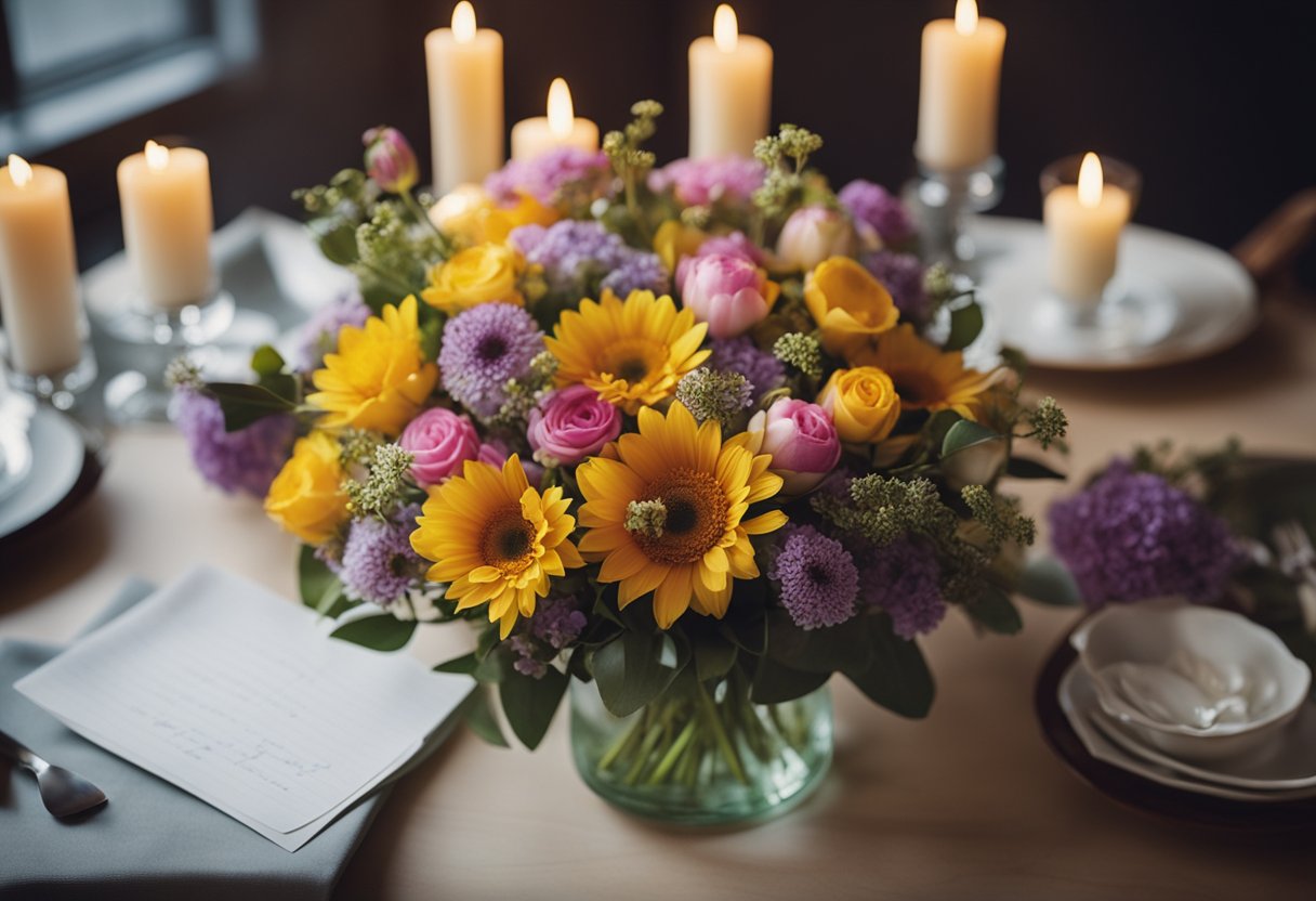 En buket farverige blomster står på et bord, omgivet af stearinlys og en håndskrevet seddel. Et udtryk af overraskelse og glæde på modtagerens ansigt. En buket farverige blomster står på et bord, omgivet af stearinlys og en håndskrevet seddel. Et udtryk af overraskelse og glæde på modtagerens ansigt.